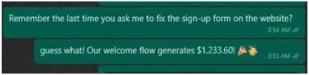 Client message about welcome flow revenue